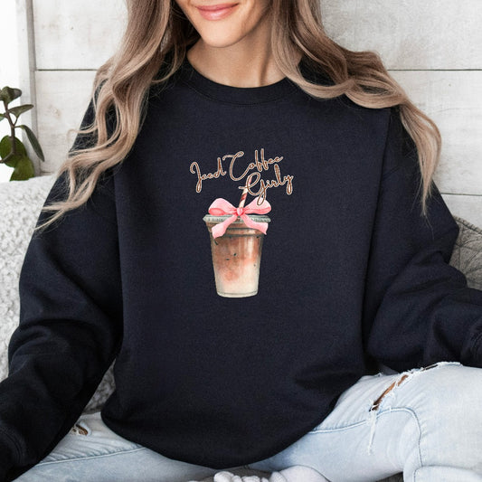 Iced Coffee Girly Sweatshirt, Iced Coffee Girl Crewneck, Coquette Coffee Shirt, Coquette Clothing, Coffee Lover Gift, Pink Bow Iced Coffee