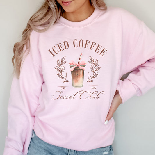 Iced Coffee Sweatshirt, Iced Coffee Social Club Crewneck, Coquette Coffee Shirt, Coquette Clothing, Coffee Lover Gift, Pink Bow Iced Coffee
