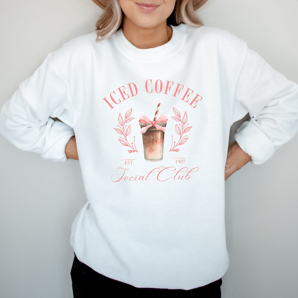 Iced Coffee Sweatshirt, Iced Coffee Social Club Crewneck, Coquette Coffee Shirt, Coquette Clothing, Coffee Lover Gift, Pink Bow Iced Coffee