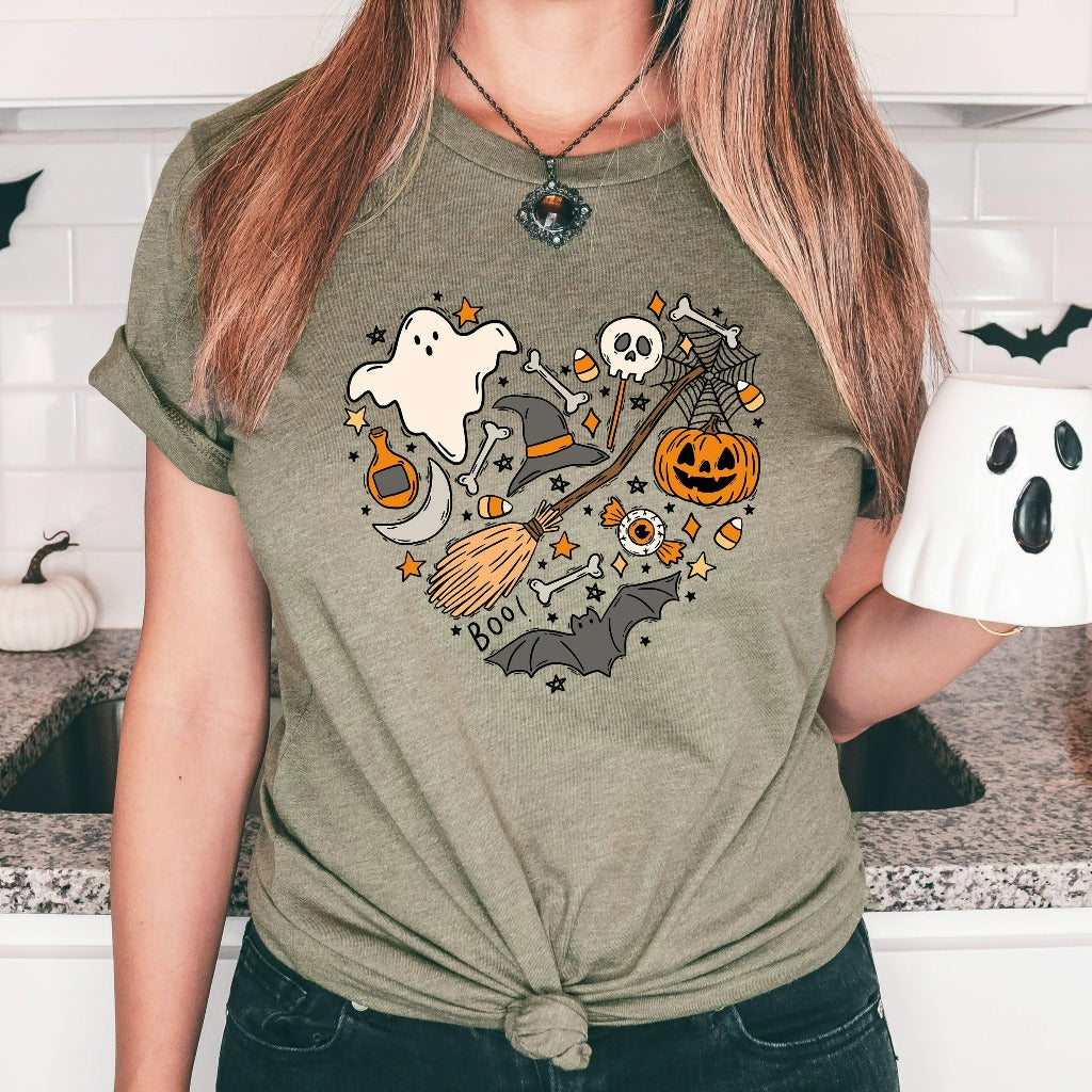 Cute Ghost Halloween Shirt, Love Heart Halloween TShirt, Women Pumpkin Halloween Shirt, Spooky Season, Fall Shirt, Retro Halloween Gift, Whitch hat and broom, pumpkin, jack o lantern, bats, candy corn, skull and bones