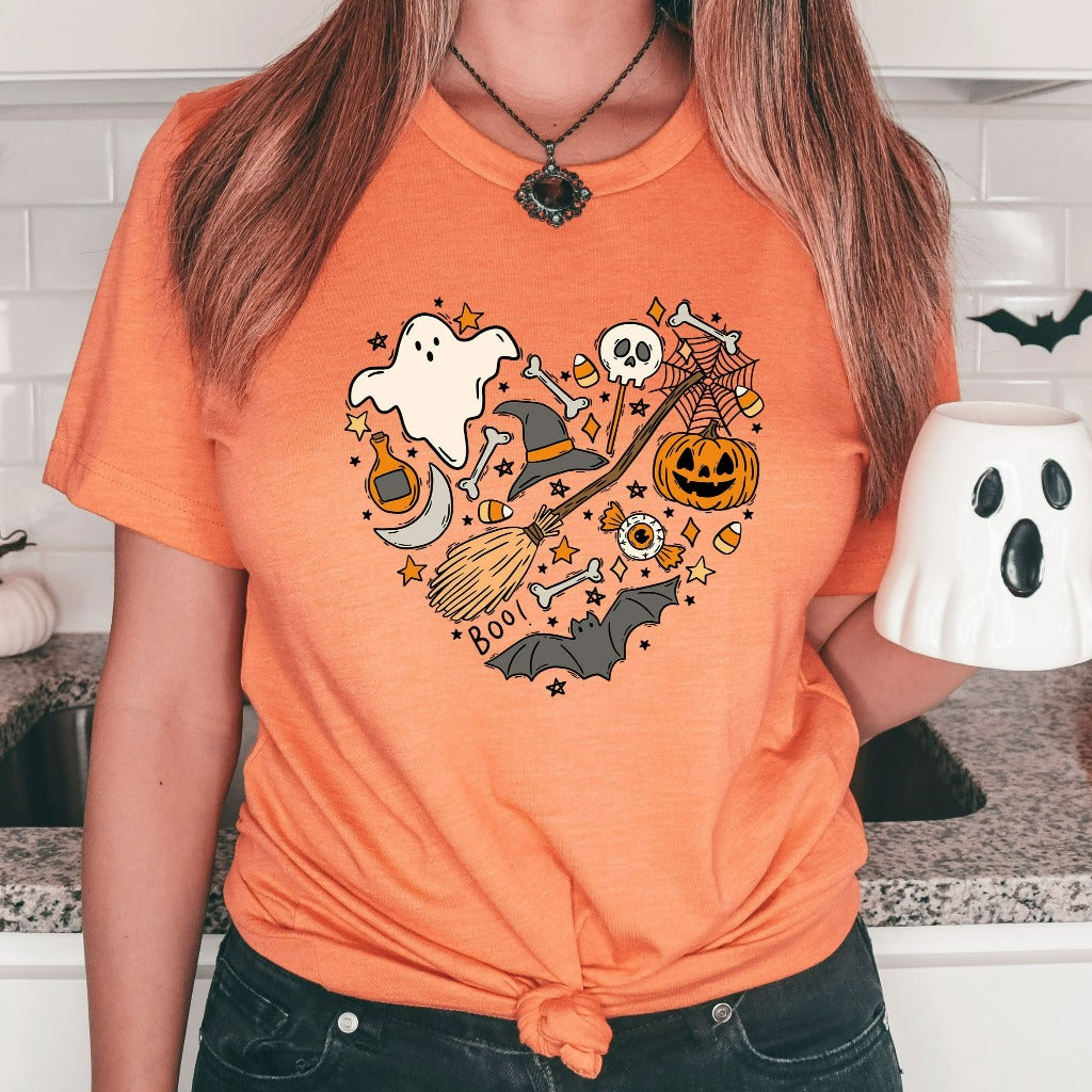 Cute Ghost Halloween Shirt, Love Heart Halloween TShirt, Women Pumpkin Halloween Shirt, Spooky Season, Fall Shirt, Retro Halloween Gift, Whitch hat and broom, pumpkin, jack o lantern, bats, candy corn, skull and bones