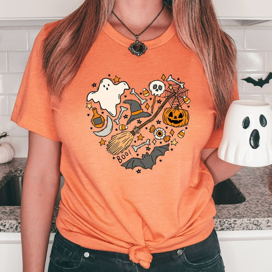 Cute Ghost Halloween Shirt, Love Heart Halloween TShirt, Women Pumpkin Halloween Shirt, Spooky Season, Fall Shirt, Retro Halloween Gift, Whitch hat and broom, pumpkin, jack o lantern, bats, candy corn, skull and bones