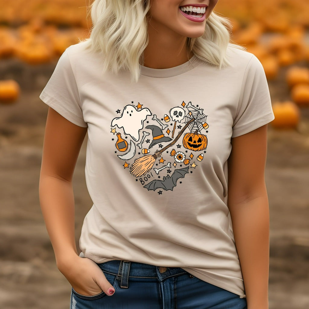 Cute Ghost Halloween Shirt, Love Heart Halloween TShirt, Women Pumpkin Halloween Shirt, Spooky Season, Fall Shirt, Retro Halloween Gift, Whitch hat and broom, pumpkin, jack o lantern, bats, candy corn, skull and bones