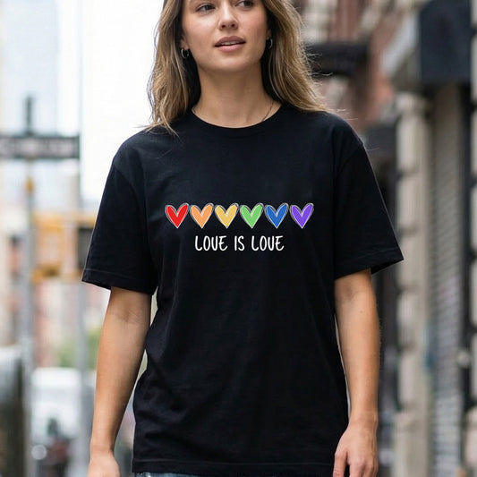 Person wearing a black t-shirt with rainbow hearts and 'LOVE IS LOVE' text on a city street.