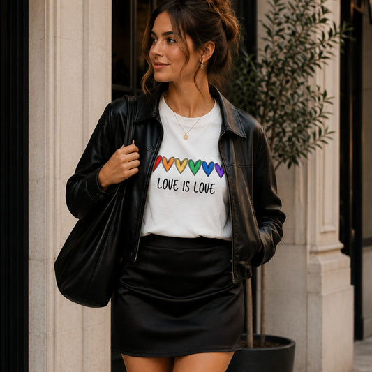A woman wearing a white graphic t-shirt with a rainbow heart design and the text 'LOVE IS LOVE', styled with a black leather jacket and a black mini skirt, carrying a large black tote bag.