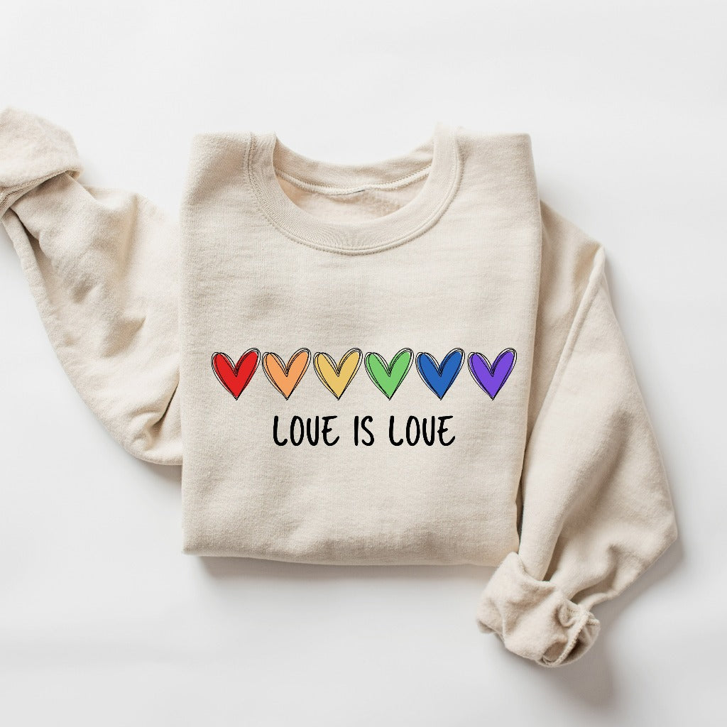 Rainbow Love is Love Sweatshirt, Colorful LGBTQ Ally Apparel, Pride Events Crewneck, Thoughtful Coming Out Gift, Rainbow Hearts Sweater