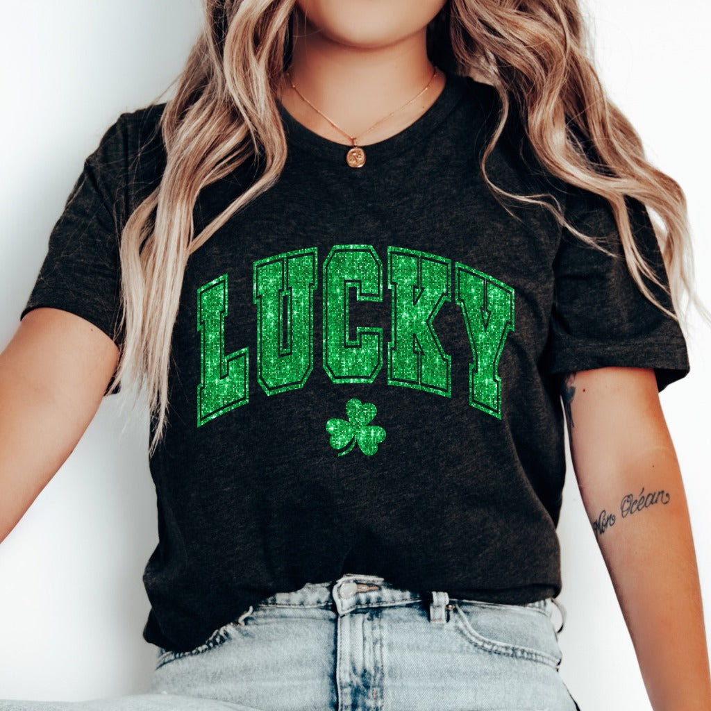 Faux Glitter Lucky Shirt, Womens Cute St Patricks Day TShirt, Sparkly Clover Graphic Tee, Women St Patty's Shirt, St. Patrick's Day Outfit