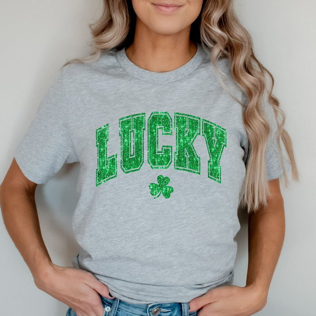 Faux Glitter Lucky Shirt, Womens Cute St Patricks Day TShirt, Sparkly Clover Graphic Tee, Women St Patty's Shirt, St. Patrick's Day Outfit