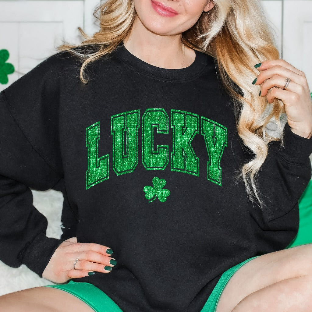 Faux Glitter Lucky Sweatshirt, Womens Cute St. Patricks Day Crewneck, Shamrock Hoodie, Sparkly St Pattys Sweater, Saint Patricks Outfit