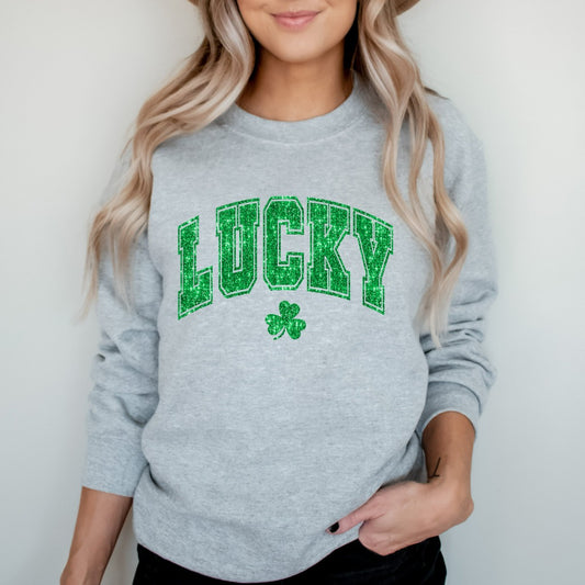 Faux Glitter Lucky Sweatshirt, Womens Cute St. Patricks Day Crewneck, Shamrock Hoodie, Sparkly St Pattys Sweater, Saint Patricks Outfit