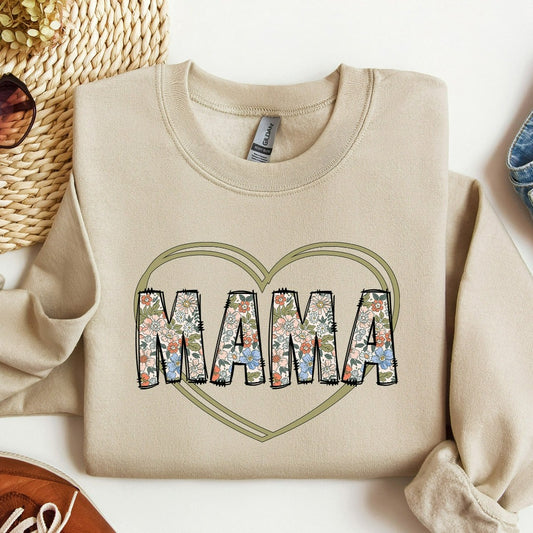 Mama Floral Heart Sweatshirt, Simple Mama Pullover Crewneck, Mother's Day Gift, New Mom Hoodie, Mom Birthday Christmas Present, Cute Mama