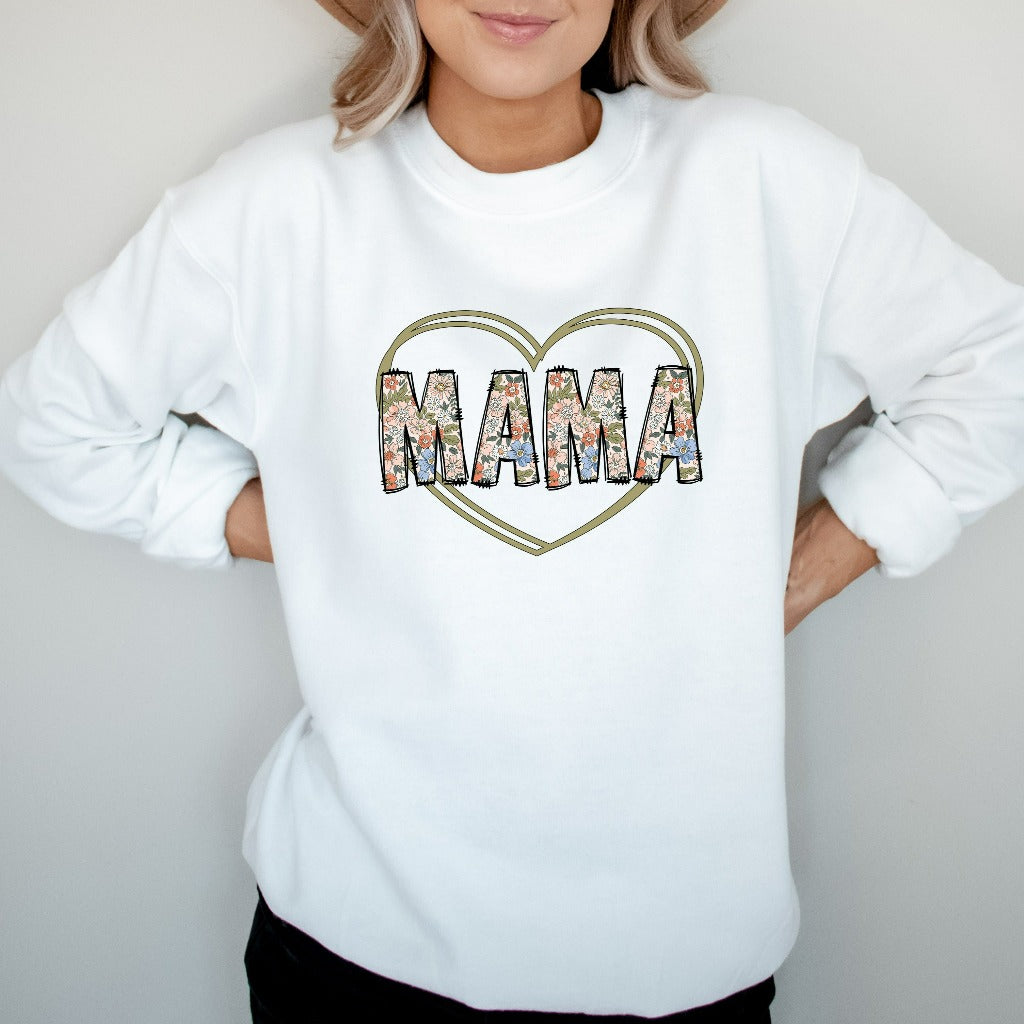 Mama Floral Heart Sweatshirt, Simple Mama Pullover Crewneck, Mother's Day Gift, New Mom Hoodie, Mom Birthday Christmas Present, Cute Mama