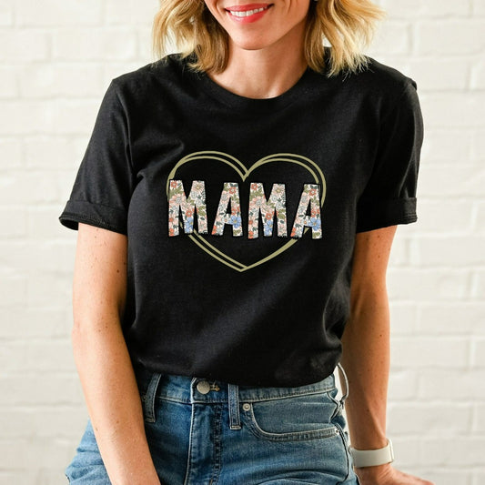 Mama Floral Shirt with Heart, Simple Mama TShirt, Mother's Day Gift, Gift for New Mom, Birthday Gift, Cute Christmas Gift, Applique Style