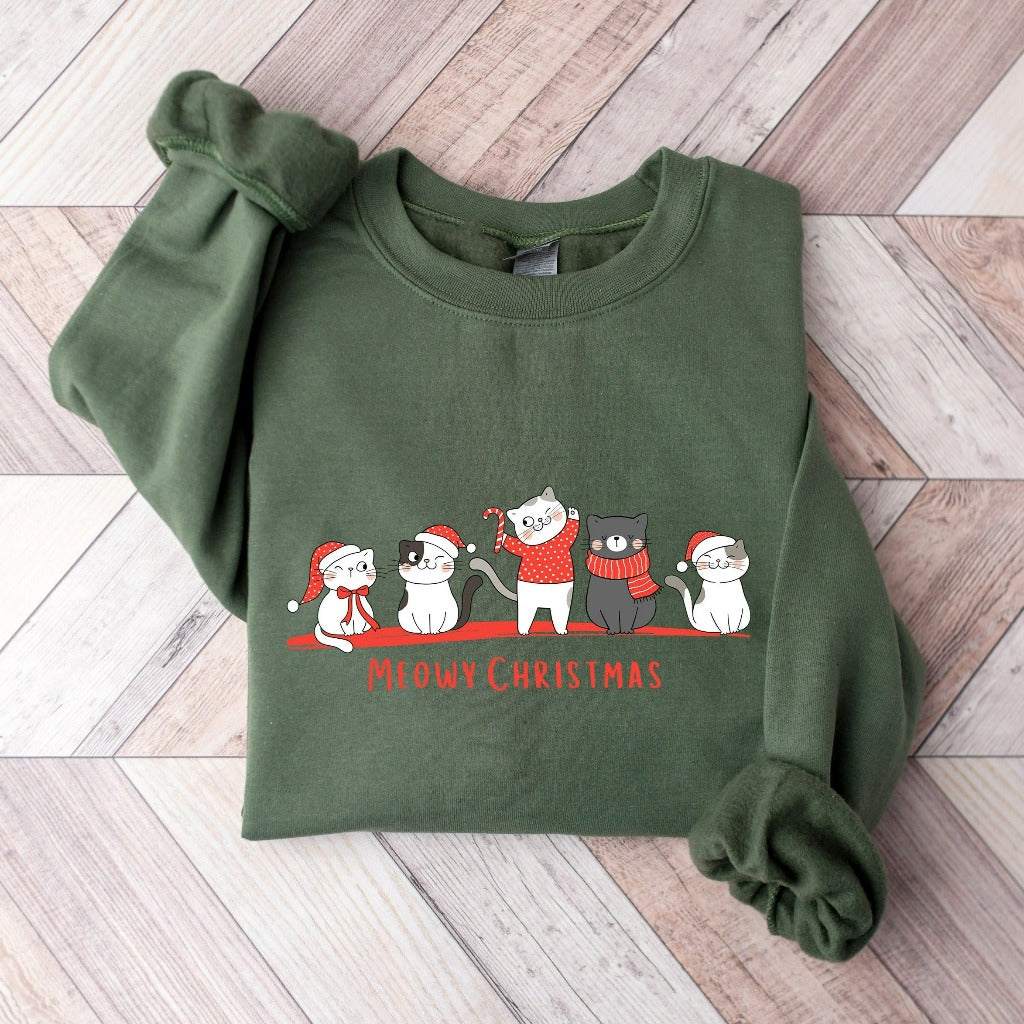 Meowy Christmas Sweatshirt, Happy Cat Year Crewneck, Funny Christmas Cat Sweater, Cat Mama Shirt, Cat Mom Christmas Gift, Merry Xmas Shirt
