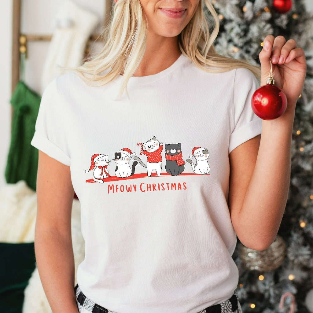Meowy Christmas Shirt, Happy Cat Year TShirt, Funny Christmas Cat Mom Graphic Tee, Cat Mama Christmas Gift, Cat Lover Shirt, Merry Xmas