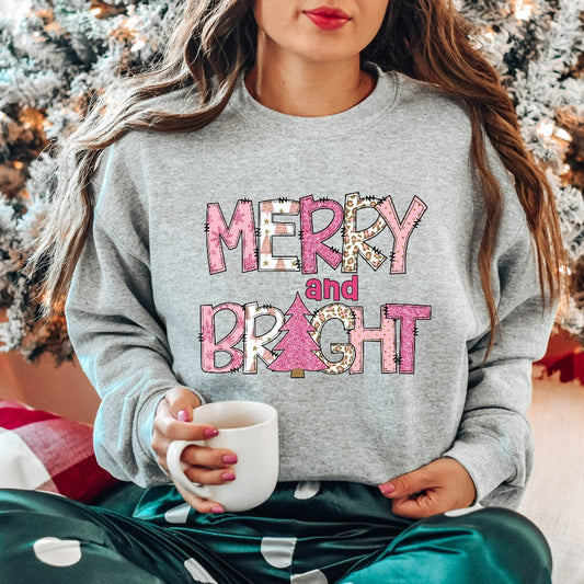 Merry and Bright Christmas Sweatshirt, Womens Christmas Sweater, Christmas Crewneck Pullover, Christmas Tree Holiday Gift, Winter Sweatshirt