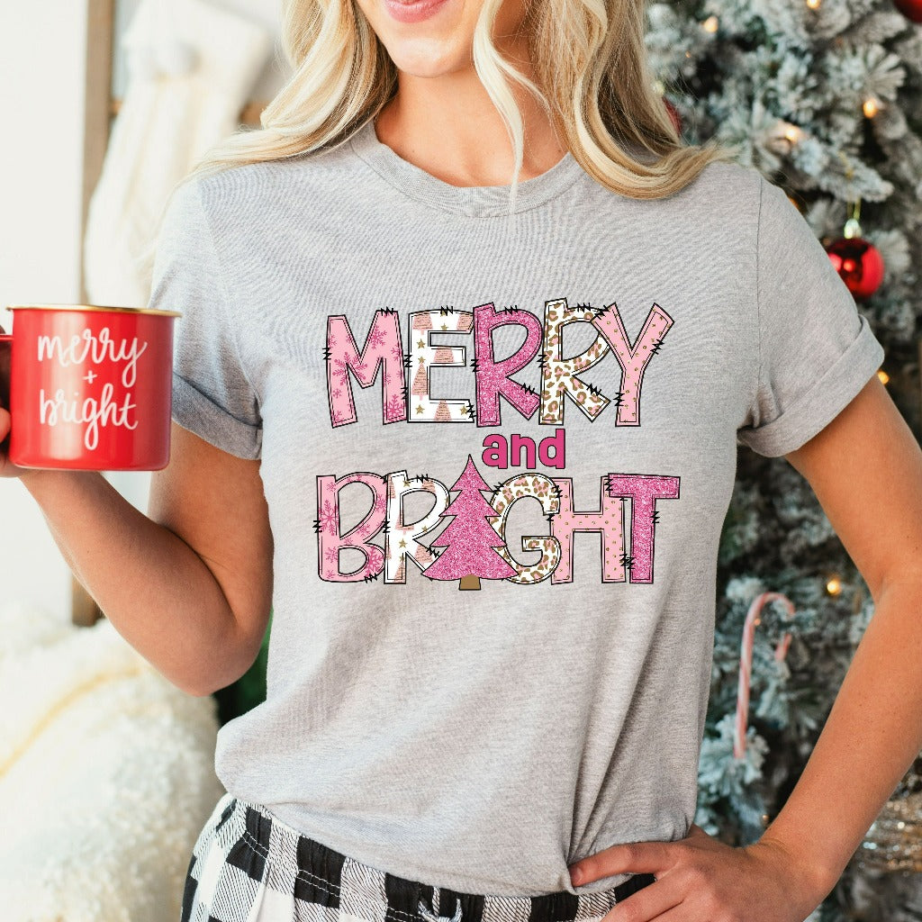 Merry and Bright Christmas Shirt, Womens Christmas TShirt, Christmas Tree Graphic Tee, Holiday Outfit, Winter Tree Cutting Shirts