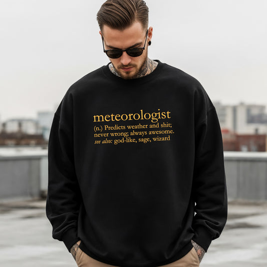 A man wearing a black crewneck sweatshirt that says 'meteorologist (n.) Predicts weather and shit; never wrong; always awesome. see also: god-like, sage, wizard