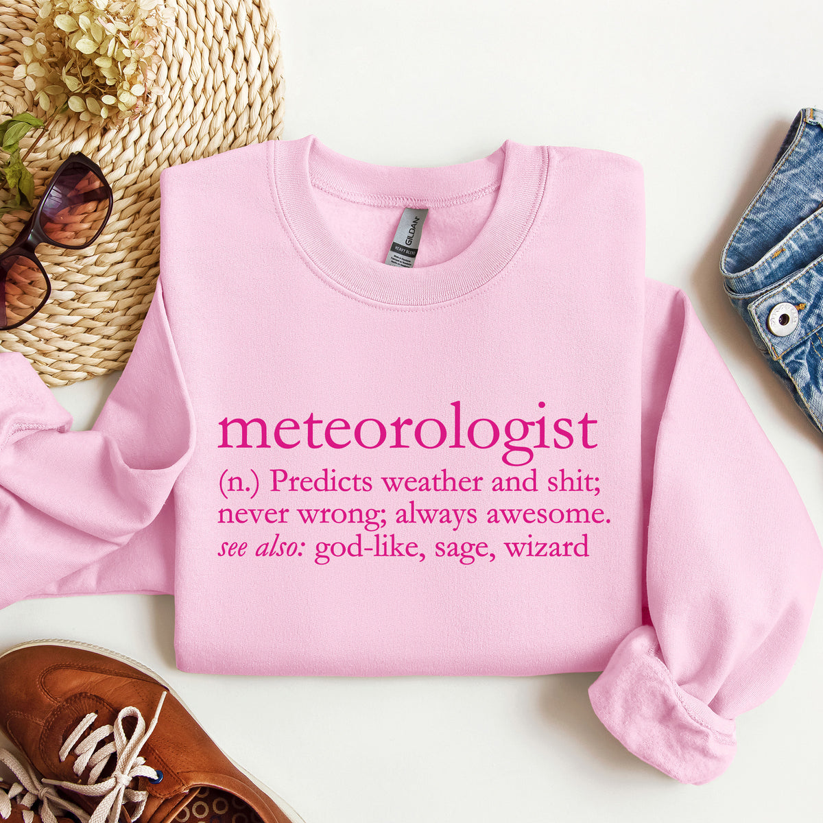 A light pink crewneck sweatshirt that says 'meteorologist (n.) Predicts weather and shit; never wrong; always awesome. see also: god-like, sage, wizard