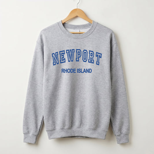 Gray sweatshirt with 'Newport Rhode Island' text on a hanger against a white background
