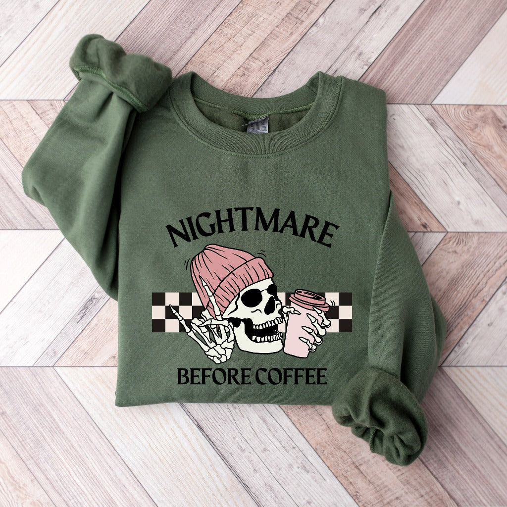 Nightmare Before Coffee Sweatshirt, Coffee Addict Crewneck, Fall Coffee Sweater, Gift for Caffeine Addict, Cute PSL Tee, Halloween Skeleton