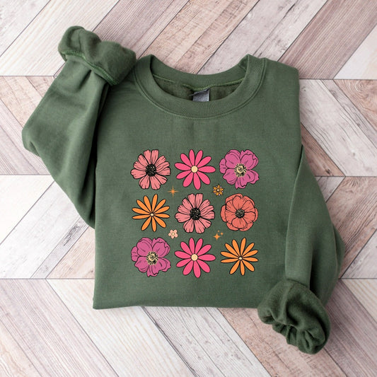 Flowers Sweatshirt, Boho Wildflowers Floral Nature Crewneck, Retro Floral Hoodie, Vintage Botanical Flowers Gift, Retro Wildflower Sweater