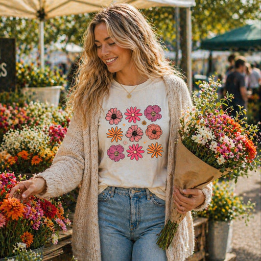 Woman wearing a floral shirt while shopping for flowers at a farmer's market.