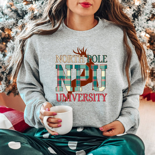 North Pole University Christmas Sweatshirt, Womens Christmas Sweater, Christmas Crewneck Pullover, Christmas Holiday Gift, Winter Sweatshirt