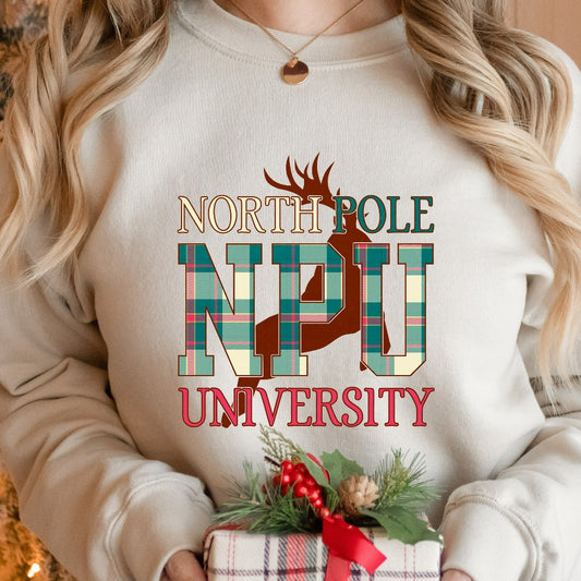 North Pole University Christmas Sweatshirt, Womens Christmas Sweater, Christmas Crewneck Pullover, Christmas Holiday Gift, Winter Sweatshirt