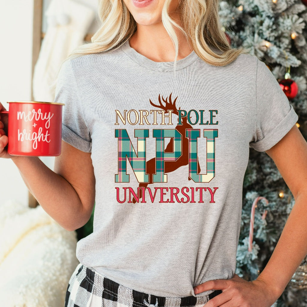 North Pole University Shirt, Christmas TShirt, Cute Christmas Graphic Tee, Holiday Gifts, College Varsity Shirt, Christmas Party Tee