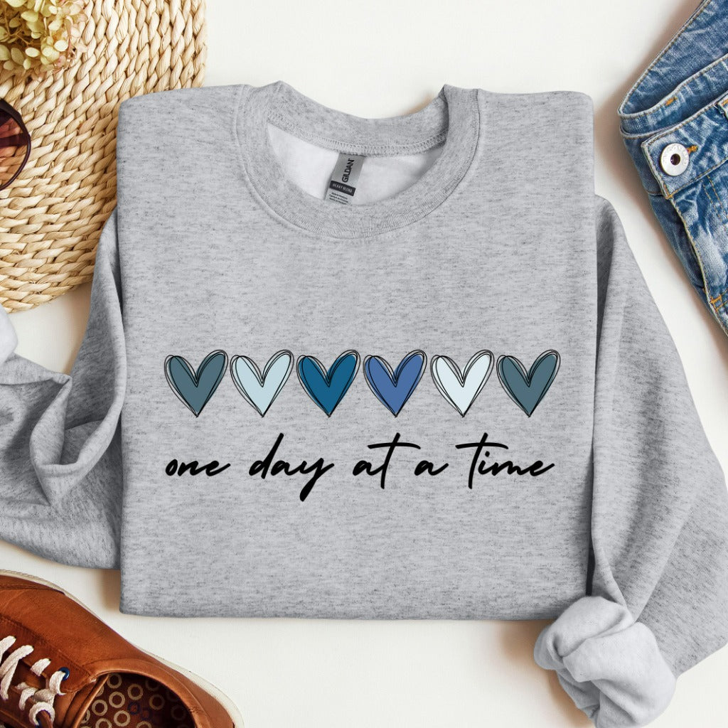 One Day at a Time Sweatshirt, Hearts Crewneck, Recovery Gift for Her, Encouragement Shirt, Inspirational Quotes Tshirt, Mental Health Aware