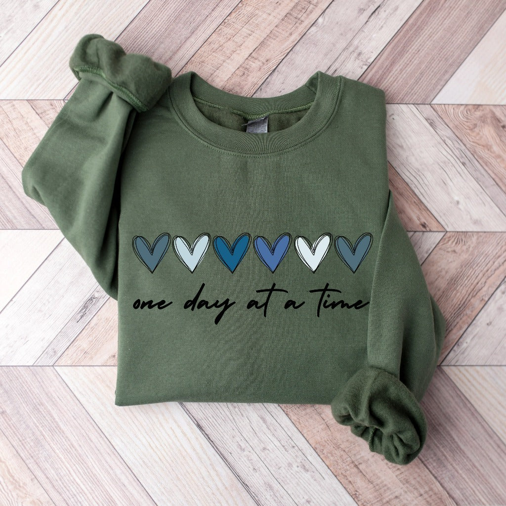 One Day at a Time Sweatshirt, Hearts Crewneck, Recovery Gift for Her, Encouragement Shirt, Inspirational Quotes Tshirt, Mental Health Aware