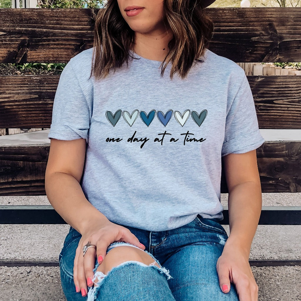 One Day at a Time Shirt, Hearts Graphic Tee, Recovery Gift for Her, Encouragement TShirt, Inspirational Quotes, Mental Health Awareness