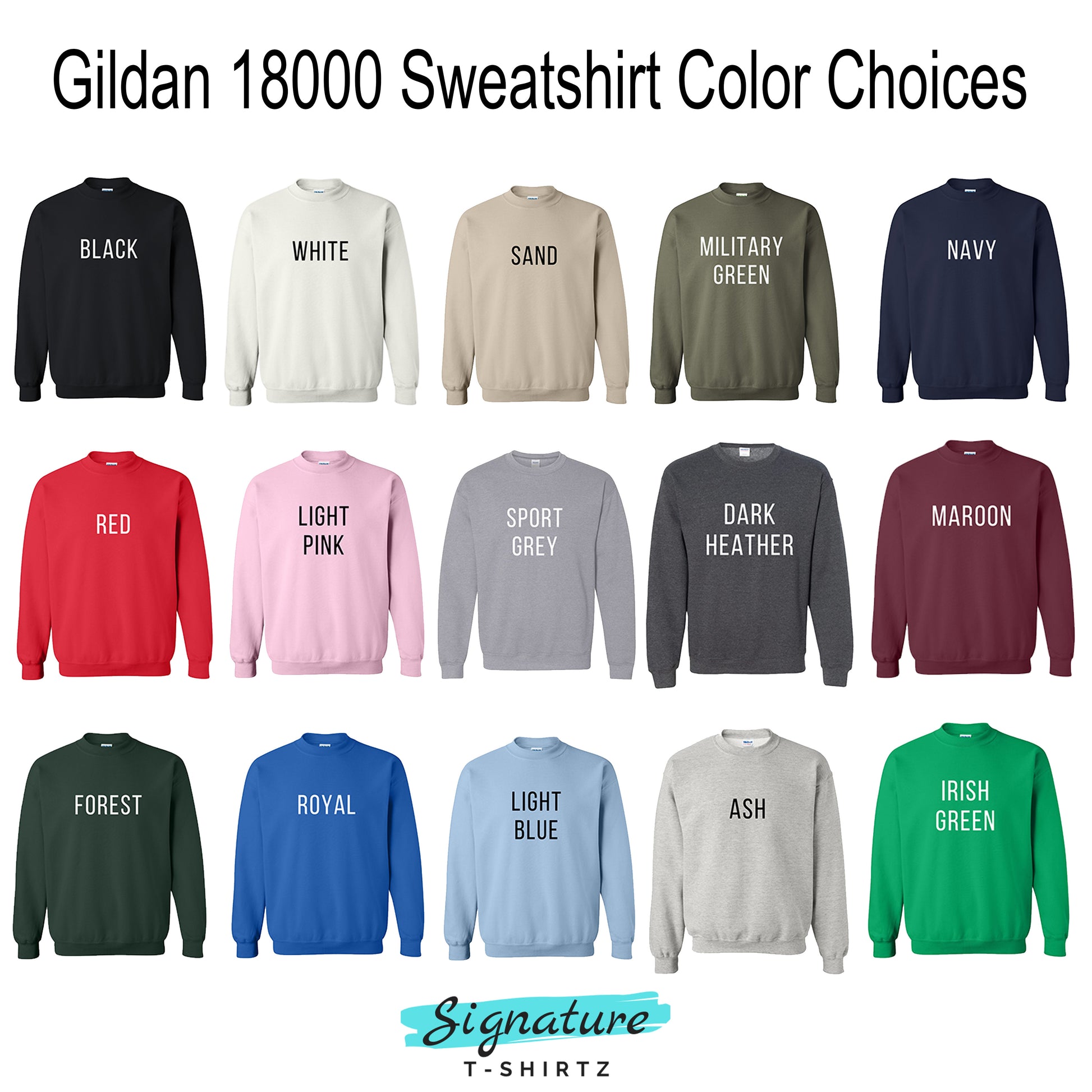 Display of Gildan 18000 sweatshirts in various colors with color names on a white background.