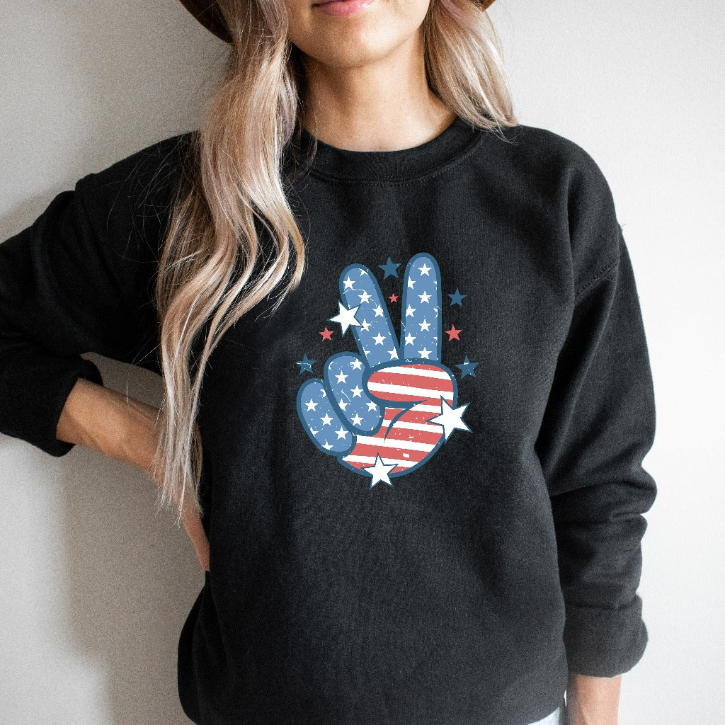 Peace Sign American Flag Sweatshirt, 4th of July Crewneck, Star Sweater, Independence Day Shirt, Fourth of July Shirt, Trendy Popular Hoodie