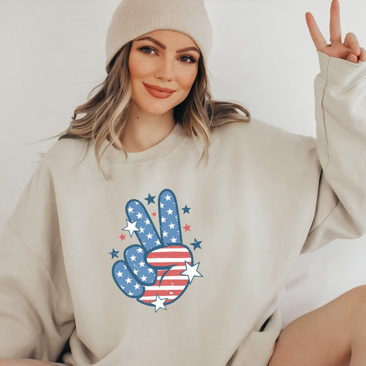 Peace Sign American Flag Sweatshirt, 4th of July Crewneck, Star Sweater, Independence Day Shirt, Fourth of July Shirt, Trendy Popular Hoodie