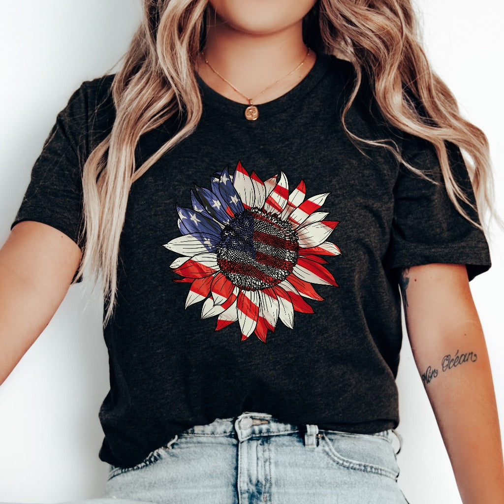 America Sunflower Shirt, USA Flag Flower TShirt, Gift For American, 4th Of July Flag Graphic T-Shirt, Freedom TShirt, Independence Tee