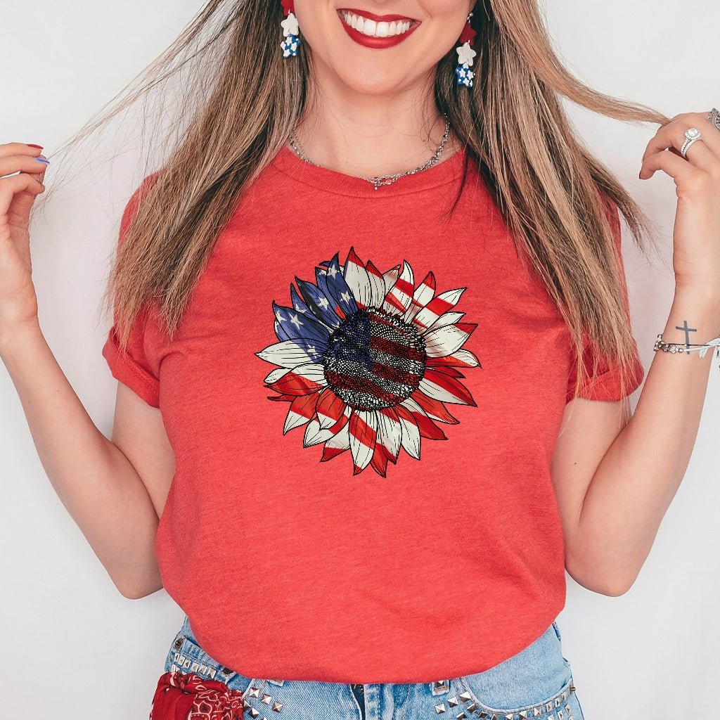 America Sunflower Shirt, USA Flag Flower TShirt, Gift For American, 4th Of July Flag Graphic T-Shirt, Freedom TShirt, Independence Tee