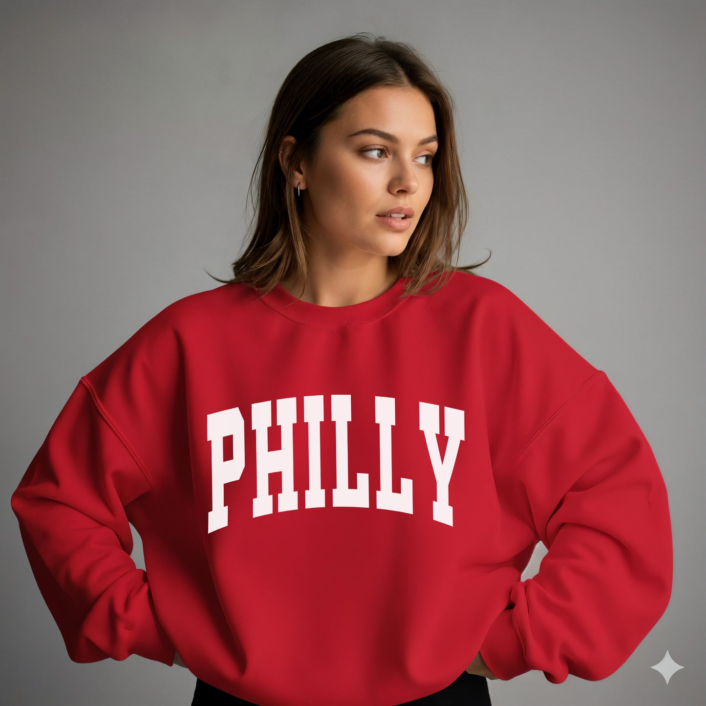 Woman wearing a red Gildan sweatshirt with Philly on the front.