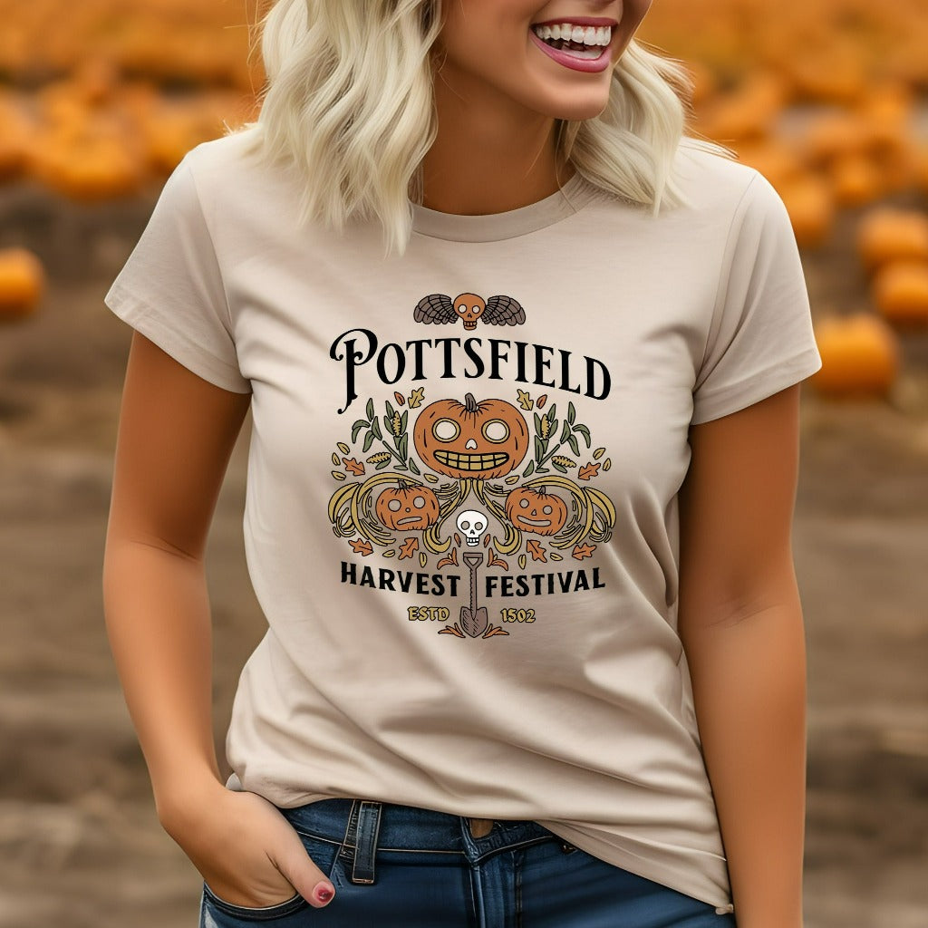 Pottsfield Harvest Festival Shirt, Gift For Autumn, Autumn Harvest TShirt, Vegetables Fall Graphic Tee, Skeleton Apparel, Goth Clothing