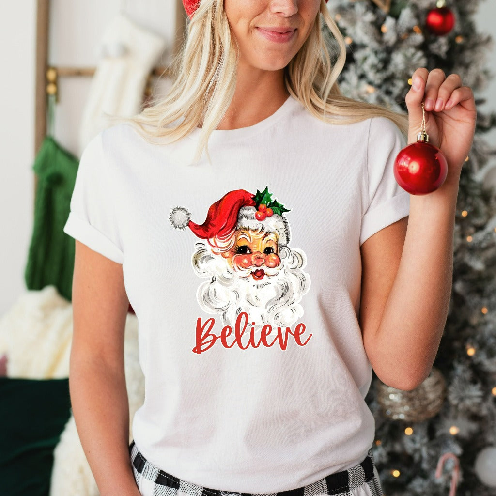 Believe Santa Christmas Shirt, Retro Christmas TShirt, Cute Santa Graphic Tee, Holiday Gifts, Christmas Party Vintage Tee, Classic Xmas Tee