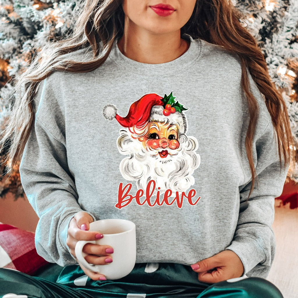 Believe Santa Christmas Sweatshirt, Retro Womens Christmas Sweater, Vintage Santa Crewneck Pullover, Christmas Holiday Gift, Xmas Hoodie