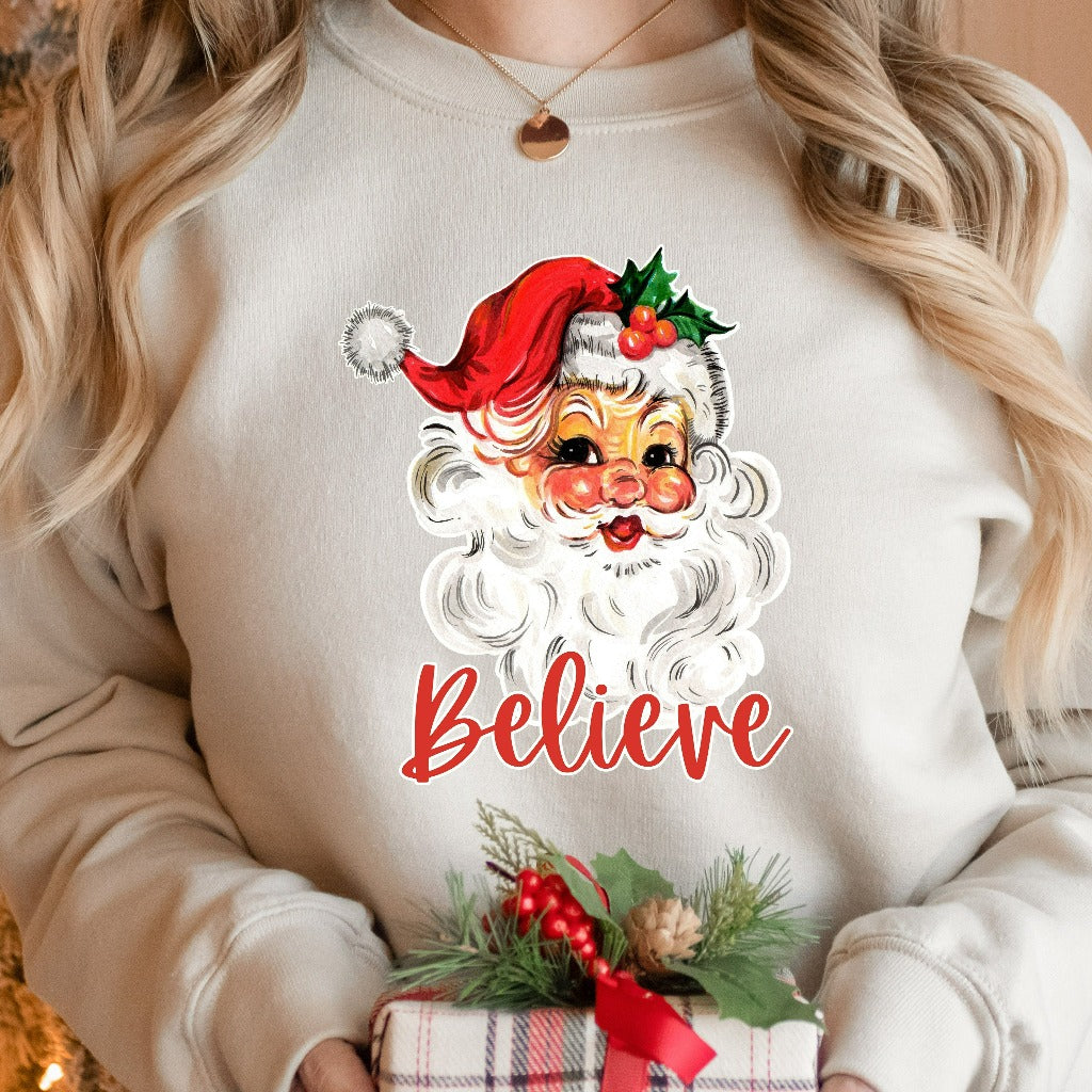 Believe Santa Christmas Sweatshirt, Retro Womens Christmas Sweater, Vintage Santa Crewneck Pullover, Christmas Holiday Gift, Xmas Hoodie