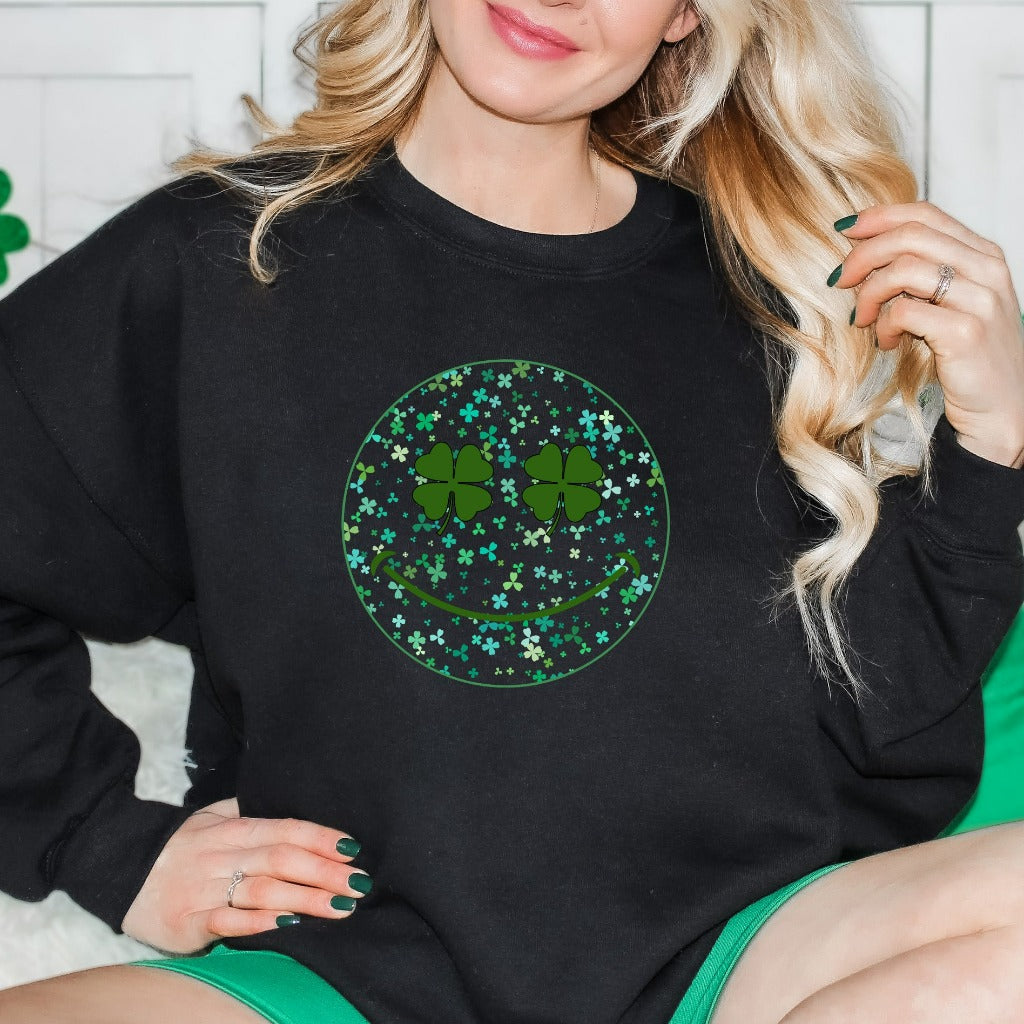 St Patrick's Day Sweatshirt, Cute Shamrock Smile Face Crewneck Pullover, St Paddy's Day Outfit, Festive Gift, Saint Patricks Party Hoodie