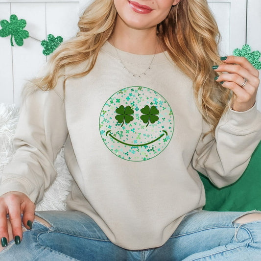 St Patrick's Day Sweatshirt, Cute Shamrock Smile Face Crewneck Pullover, St Paddy's Day Outfit, Festive Gift, Saint Patricks Party Hoodie