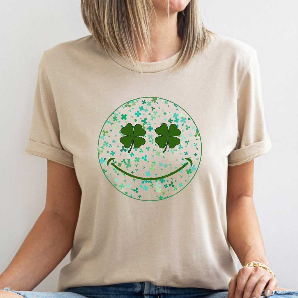 St Patrick's Day Shirt, Womens Shamrock Smile Face TShirt, St Patrick's Day Graphic Tee, Lucky St Patty's Day Party Outfit, Four Leaf Clover