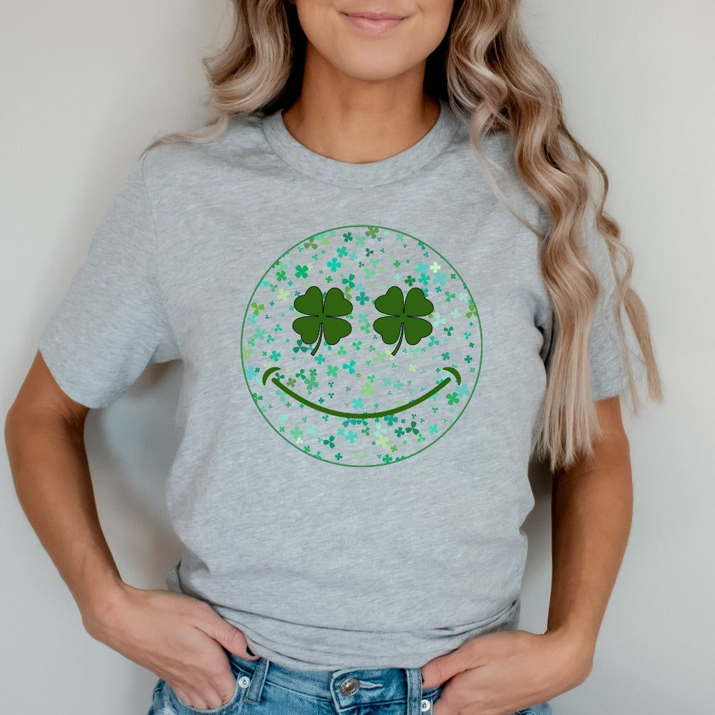 St Patrick's Day Shirt, Womens Shamrock Smile Face TShirt, St Patrick's Day Graphic Tee, Lucky St Patty's Day Party Outfit, Four Leaf Clover