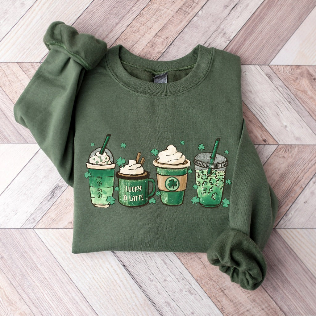 St Patrick's Day Sweatshirt, Cute Coffee Latte Crewneck Pullover, St Paddy's Day Outfit, Festive Green Cup Coffee Lovers Gift, Latte Hoodie