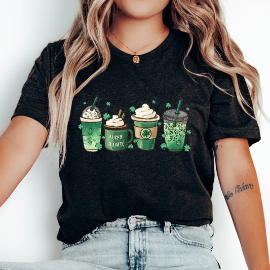 St Patricks Day Coffee Shirt, Cute St Paddys TShirt, Coffee Lover Graphic Tee, Lucky A Latte Outfit, Shamrock Latte Green Drink Cup Gift