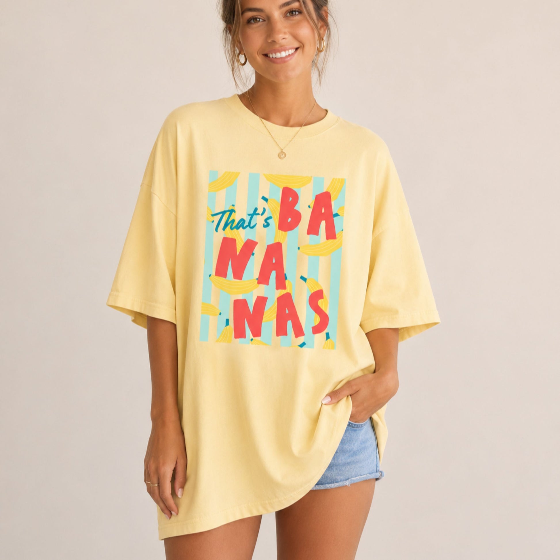 Woman wearing a t-shirt that says That's Bananas